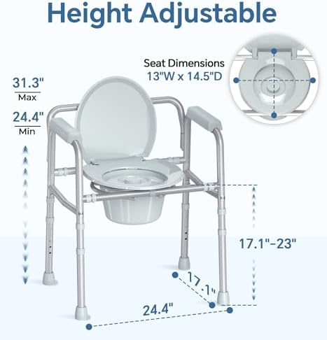 HOMLAND 3-in-1 Bedside Commode Chair with Sturdy Dual-Crossbar Support Construction, Stable Portable Commode Toilet with 7.5Qt Potty Bucket, 350 Lbs Bedside Commodes for Seniors, Silver