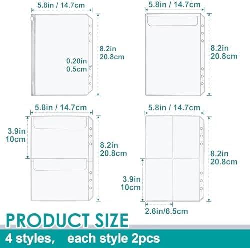 PAGOW 8pcs A5 Binder Pockets, 4 Styles Clear Binder Inserts Zipper Folders, Waterproof PVC A5 Planner Inserts Sleeves Budget Cash Envelope Pouches for 6-Ring Loose Leaf, Document, Saving Challenges