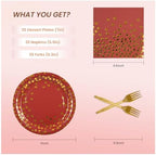 75PCS Paper Plates and Napkins Set - Red and Gold Dot Disposable Party Dinnerware Includes Paper Plates, Napkins, Forks Decorations for Christmas, Birthdays and Weddings, Serves 25