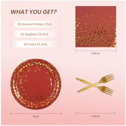 75PCS Paper Plates and Napkins Set - Red and Gold Dot Disposable Party Dinnerware Includes Paper Plates, Napkins, Forks Decorations for Christmas, Birthdays and Weddings, Serves 25