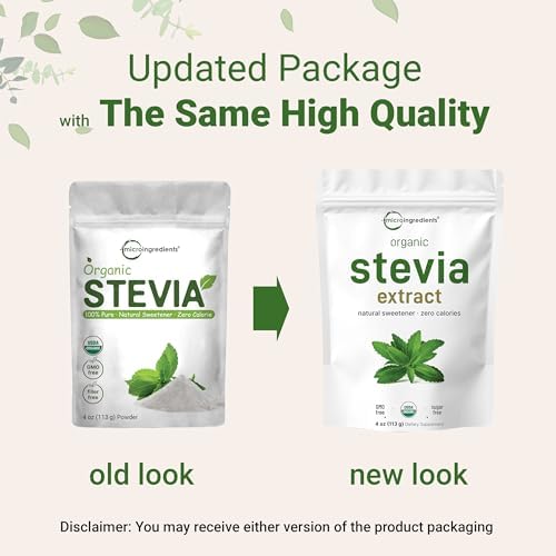 Micro Ingredients Pure Organic Stevia Powder, 4 Ounces, 706 Serving, Highest Grade Stevia Green Leaf Extract Reb-A, Reduced Bitter Aftertaste, 0 Calorie, Natural Sweetener, Sugar Alternative, Keto Friendly