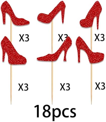 Heel Cupcake Topper for Beautiful High Heel Make Up Theme Party Favors Decorations Women Girls Happy Birthday Party Decor Supplies 18pcs Red Glitter