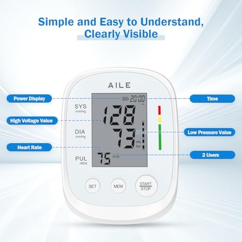 AILE Blood Pressure Monitor, Blood Pressure Machine Upper Arm Large Cuff(8.7"-16.5"), High Automatic Blood Pressure Monitors Cuff for Home Use, Manual Arm Bp Monitor, 2 * 99 Memory (White)