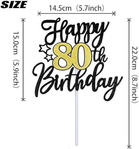 1 PCS Happy 80th Birthday Cake Topper, Black Gold Glitter Cheers to 80 Years Cake Topper, Cake Pick 80th Birthday Cake Decoration for Happy 80th Birthday Anniversary Party Decorations Supplies