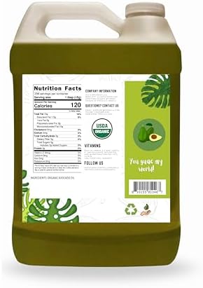 USDA Certified Organic Cold Pressed Unrefined Raw Avocado Oil - 1 Gallon/128 fl.oz