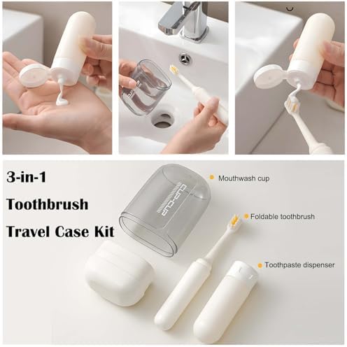3-in-1 Toothbrush Travel Case Kit - Foldable with Mouthwash Cup, Toothpaste Dispenser, Portable Tooth Brush Holder for Camping, Business Trips, and Daily Use (Cream)