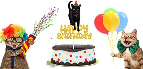 Cat Happy Birthday Cake Topper Black Cat Cake Decorations for Boys Girls Pets Cute Mewo Animal Theme Party Supplies Black Gold Glitter