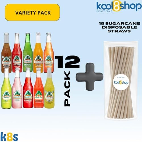 Jarritos Variety Pack Mexican Soft Soda Drink 12 fl oz Glass Bottles 12 Pack + 15 Sugarcane Disposable Straws by KOOL8SHOP Infinite Deals