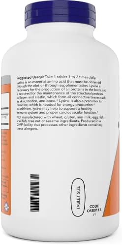 Now Foods L-Lysine 1000mg - Double Strength - 300 Tablets - Non-GMO Amino Acid Supplement (Llysine Hydrochloride)- 1000 mg Tabs - Vegan/Vegetarian