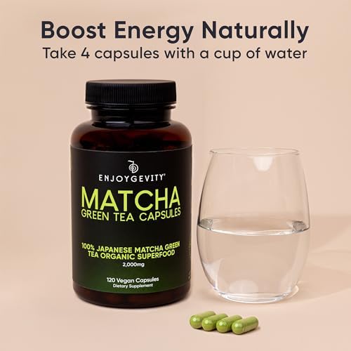Organic Matcha Green Tea Capsules - Natural Energy Boost - Clean Gradual Caffeine - Japanese Matcha Green Tea Pills - 100% Natural Antioxidant - Calming and Relaxing - 120 Daily Capsules - 2,000/mg