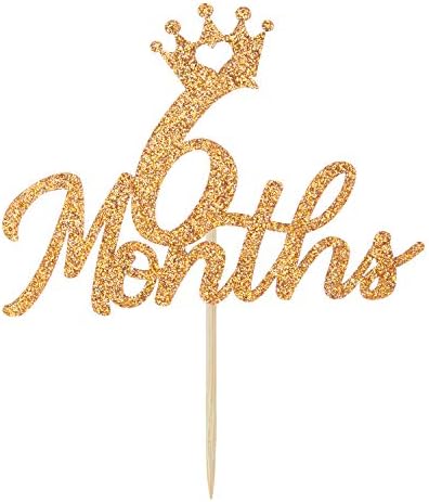 Gold Glittery 6 Months Cake Topper for Baby's Half Year Old Birthday Party, 1/2 Birthday, First Birthday, Baby Shower, Half Year Anniversary Party Decorations