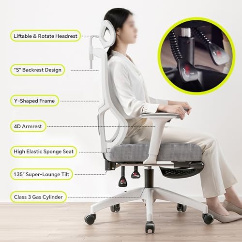 Ergonomic Desk Chair with Retractable Footrest Swivel Chair, 6-Way Adjustable Armrest, Adjustable Headrest, 155° Back Tilt Home Work Gaming Drafting Vanity Use