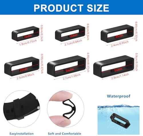6 Pcs Watch Band Keepers, 16mm/18mm/20mm/22mm /24mm/26mm Watch Strap Holder Loops Retainer, Black Silicone Watch Band Fastener Rings Replacement Parts for Smart Sport Watches