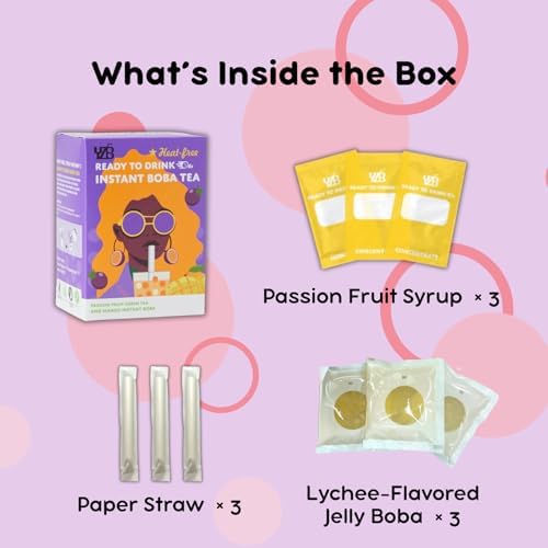 YZB Instant Boba Drink Kit, Crystal Bubble Fruit Tea (Jelly-Style), Passion Fruit Green Tea with Mango-Flavored Bubble, No Heat Needed, DIY, Mix & Sip in seconds, 3 Servings with Straws