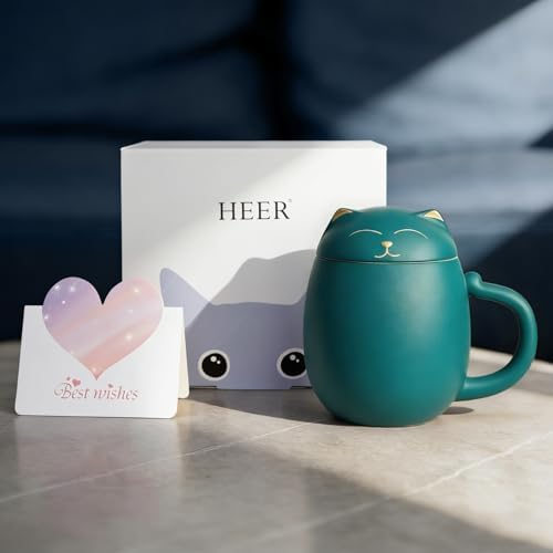 HEER Cat Tea Cup with Infuser and Lid - 13.5oz Ceramic Tea Mug - Cat Lover Gift for Friends Family. (Green)