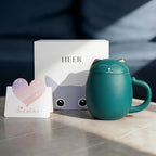HEER Cat Tea Cup with Infuser and Lid - 13.5oz Ceramic Tea Mug - Cat Lover Gift for Friends Family. (Green)
