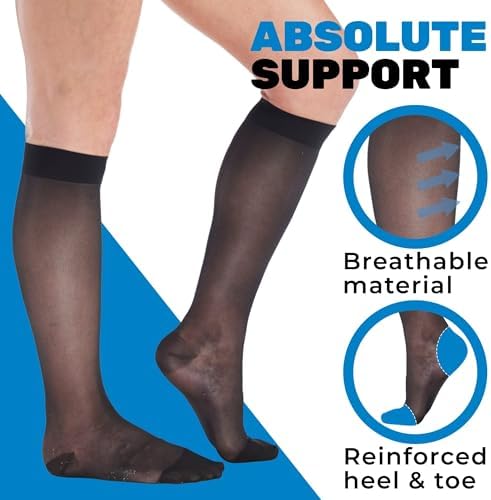 ABSOLUTE SUPPORT Made in USA - Sheer Compression Socks for Women 15-20 mmHg - Support Hose Knee High Stockings - A101