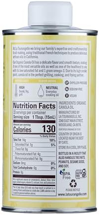 La Tourangelle, Organic Canola Oil, Expeller-Pressed Non-GMO Canola Seeds, Pesticide and Chemical Free, High Heat Neutral Cooking Oil, 16.9 Fl Oz