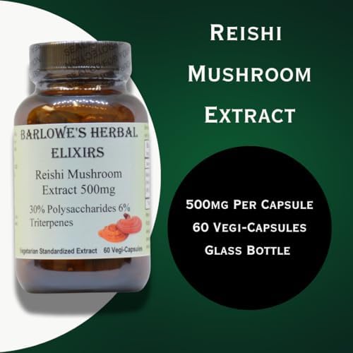 Barlowe's Herbal Elixirs Reishi Mushroom Extract Supplement | Red Reishi | Ganoderma Lucidum |30% Polysaccharides| 6% Triterpenes | 500mg | 60 Veggie Capsules