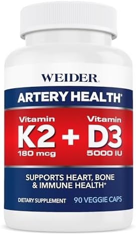 Weider Artery Health Supplement, Vitamin K2 (180mcg) & Vitamin D3 (5000iu), 90 Veggie Capsules