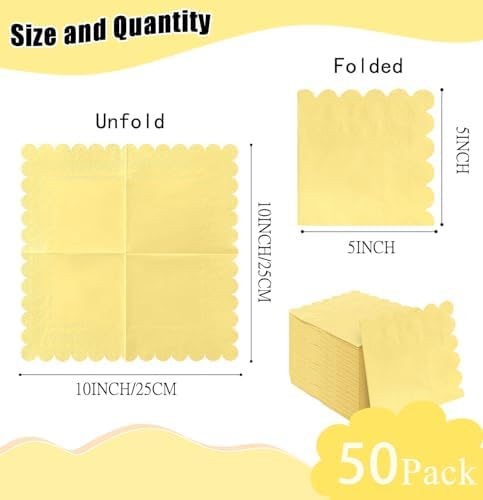 HEIPINIUYE 50 Pieces 3-ply Light Yellow Napkin Disposable Scalloped Cocktail Napkins Beverage Napkins Dessert Napkins Paper Napkins for Wedding Birthday Party Paper Dinner Napkins