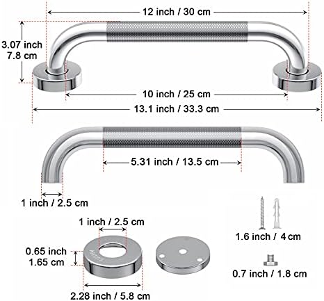 12 Inch Anti-Slip Shower Grab Bar, iMomwee Chrome Stainless Steel Bathroom Grab Bar Handle with Textured Grip, Shower Balance Bar, Safety Hand Rail Support, Handicap Elderly Senior Assist Bath Handle