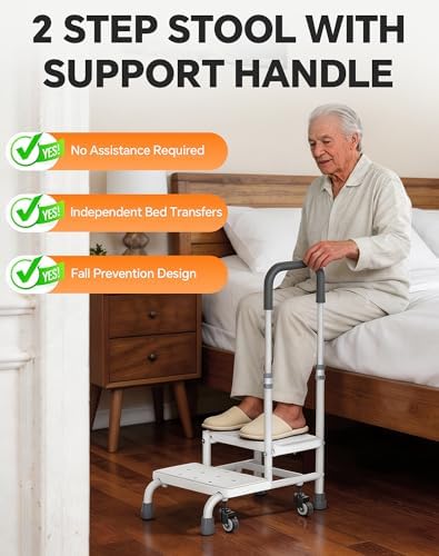 Step Stool with Handle for Elderly, 2 Steps Stool with Wheel, Non Slip Platform and Height Adjustable Handrail Support for Adults, Seniors, Bedside Steps for High Beds, Bathtub, RV (White)
