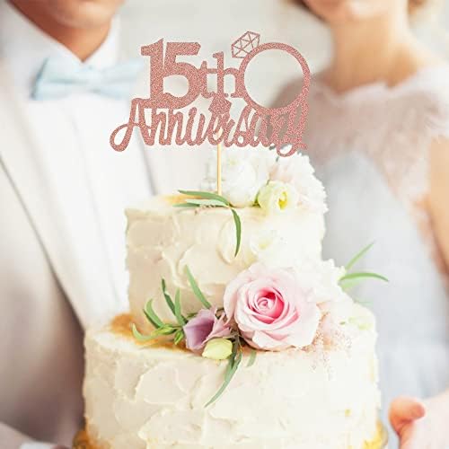 Sumerk 15th Anniversary Cake Topper,13PCS Rose Gold Glitter Cake Toppers Cake Decorations Set for 15th Wedding Anniversary Celebration Party