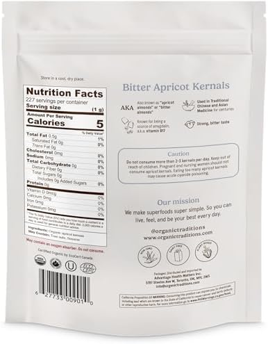 Organic Traditions Apricot Kernels, Organic Apricot Seeds, Sundried Sweet and Bitter Taste, Vegan, Source of Vitamin B17, Non GMO, Whole Foods Delivery, Plant Based for Snacking and Blending, 8 oz