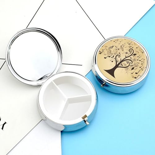 Round Musical Note Tree Pill Box Small Pill Case with 3 Compartment Portable Metal Medicine Organizer Mini Travel Medicine Vitamin Supplement Container for Pocket Purse