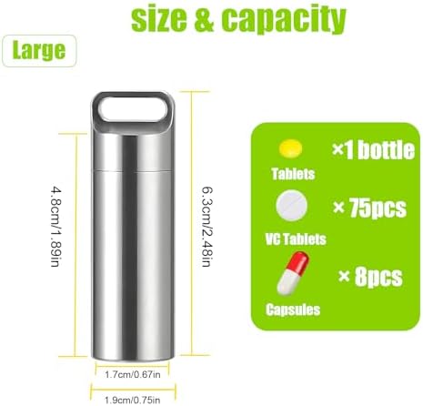 Waterproof Stainless Steel Pill Case, Waterproof Pill Box, Pocket Pill Container, Keychain Pill Fob, Travel Pill Holder for Men Women-Large