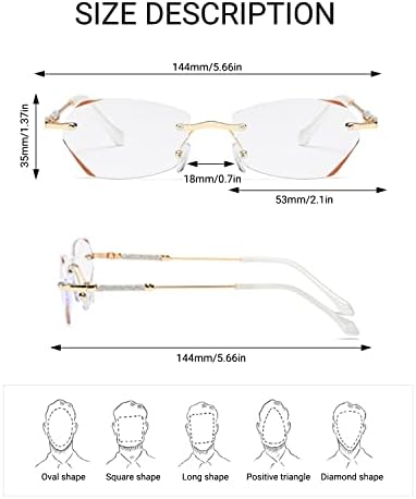 LUFF Rimless Reading Glasses for Women, Fashion Lightweight Anti Blue Light Readers Classic Metal Comfortable Frame Glasses