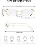 LUFF Rimless Reading Glasses for Women, Fashion Lightweight Anti Blue Light Readers Classic Metal Comfortable Frame Glasses
