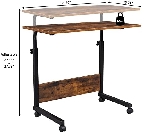 Karl home Mobile Side Table 31.5 Inch Computer Desk with Wheels Height Adjustable Rolling Potable Laptop Cart, C-Shaped Bed Couch End Tables with Edge Stopper for Livingroom Bedroom, Rustic Brown