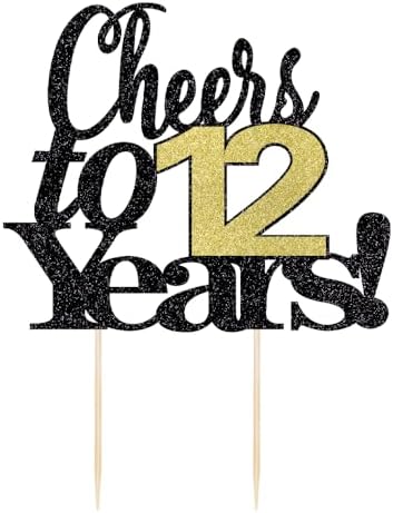 LVEUD Black Font Golden Numbers Cheers to 12 Years Happy Birthday Cake Topper -Wedding,Anniversary,Birthday Party Decorations (12th)