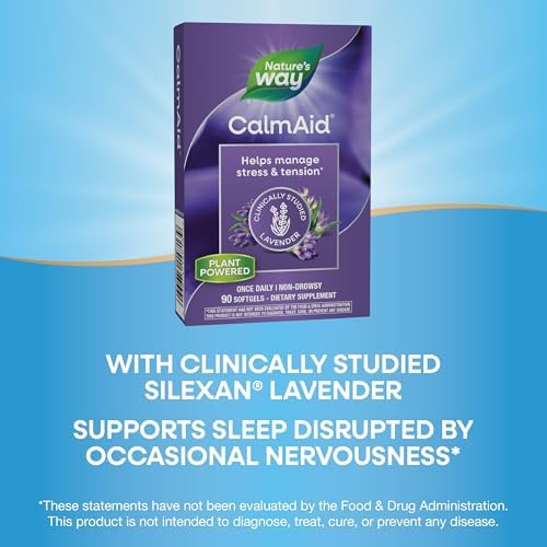 Nature's Way CalmAid Lavender Oil Supplement for Calm & Stress Support*, Clinically Studied Silexan Lavender Oil, Non-Drowsy, Daily Softgels, 90 Count