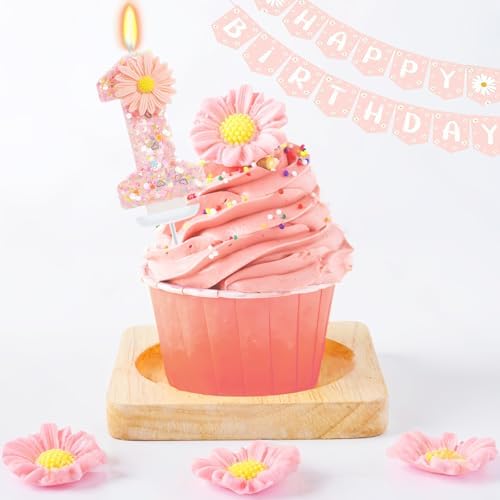 Pink Daisy Flower Number 1 Candle with Tray - Fairy First Birthday Decorations for Girls, 2.76 Inch Glitter Cake Topper for Princess & Garden Parties