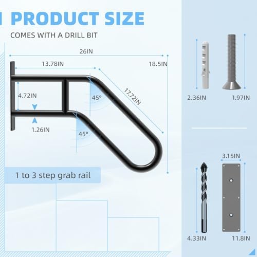 Handrails for Outdoor Steps Wall Mount, Railings for 1-3 Steps, U-Shaped Handrail with Matte Black Finished, Stair Handrails for Kids, Elderly, Pregnant Women, Disabled (26" Length, Black)