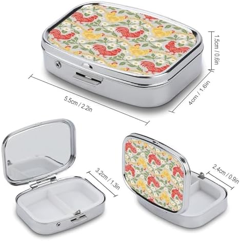 Chicken and Rooster Pill Box 2 Compartment Decorative Metal Pill Case for Pocket Or Purse Travel Portable Medicine Box Pill Container Organizer for Vitamins Fish Oils Supplements
