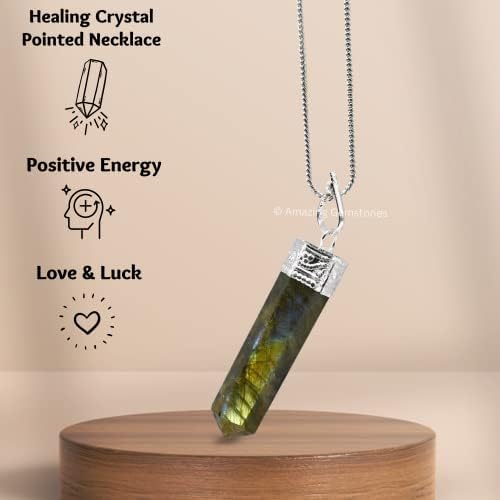 Amazing Gemstone Labradorite Crystal Pencil Point Pendant Necklace with Adjustable Cord - Natural Healing Crystals and Stones for Men, Women