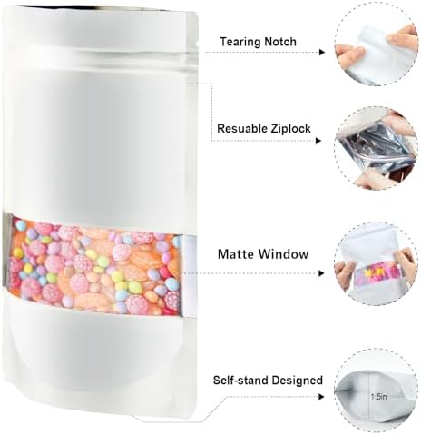 120pcs 4"x6" Mylar Bags for Food Storage,Smell Proof Bag with Matte Window Resealable Food Storage Bags for Small Business, Stand-up Foil Pouch Packaging Freeze Dried Candy Bag（White）