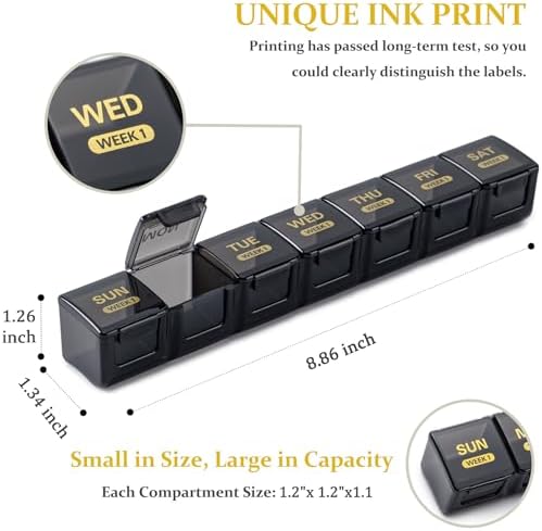 Monthly Pill Organizer, 28 Day Pill Box 1 Time a Day with Dust-Proof Case, Large 4 Weeks a Month Pill Case Container, Daily Vitamin Case Box for Pills/Medicine/Fish Oil/Supplements（Black）