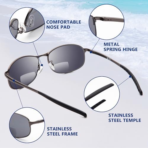 DEHOTRE 2 Pack Bifocal Reading Sunglasses Men Stainless Steel Frame Sun Readers for Driving Zero Top UV400 Metal Hinge