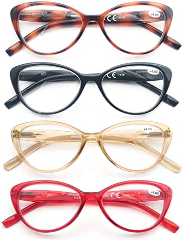 MODFANS Women Reading Glasses 2.0 Cat Eye Women Readers 4 Pack for Ladies Compact Spring Hinge Lightweight Frame Includes Pocket
