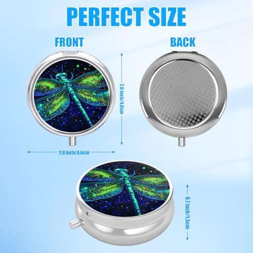 Green Dragonfly Pill Case, Pill Box 3 Compartments Metal Small Pill Holder with Mirror Mini Travel Pill Container for Purse Pocket Women Men