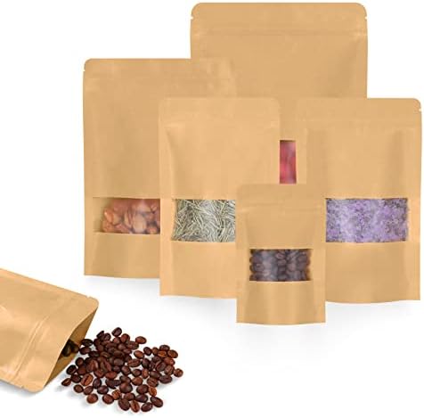 50pcs Kraft Bags with Window 5.9x8.6 Inches Brown Reusable Sealable Zip Lock Food Storage Stand up Paper Pouches for Home or Business