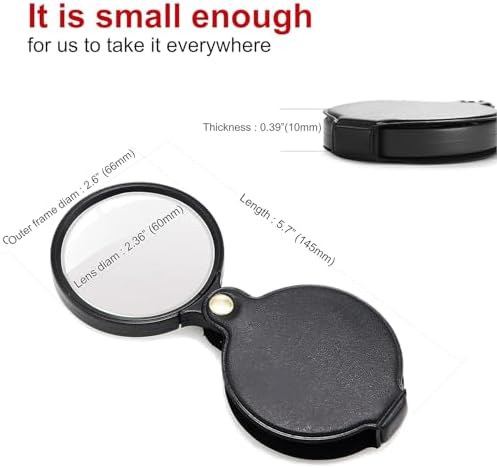 Small Pocket Magnifier Glass, Mini Folding Magnifying Lenses with Rotating Protective Leather Sheath for Seniors Reading, Inspection, Kids for Exploration, Elders Gift, 2 3/8'' Lens Size