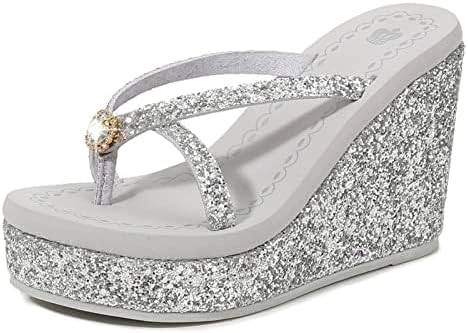 Women's Super High Heel Platform Sequin Diamond Flip Flops Shiny Sequin Wedge Non-Slip Comfortable Flip Flops.