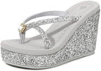 Women's Super High Heel Platform Sequin Diamond Flip Flops Shiny Sequin Wedge Non-Slip Comfortable Flip Flops.