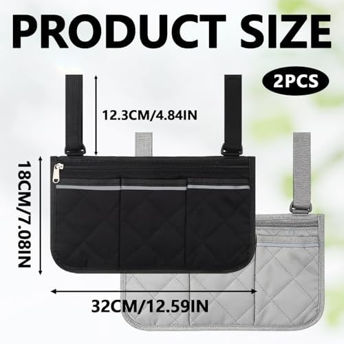 2Pcs Wheelchair Side Bag with Cup Holder, Waterproof Armrest Zipper Storage Pouch for Walker, Rollator, Power Electric Wheelchairs, Mobility Scooter Side Pocket Organizer Accessories, Black Grey